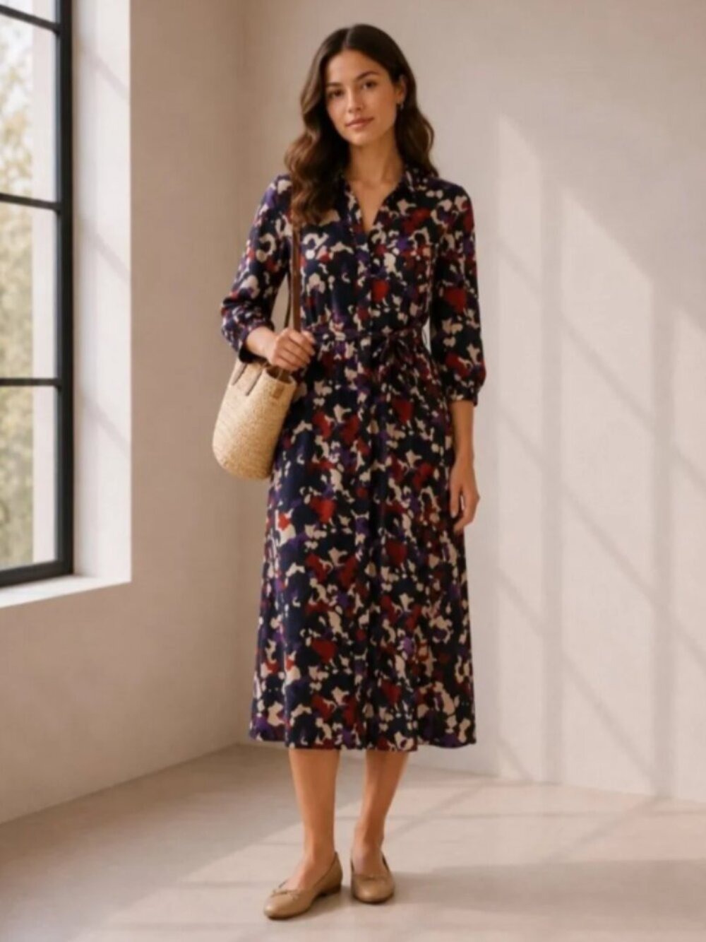 Selected Femme Black Abstract Floral Midi Dress Long Sleeve EU 34 0506